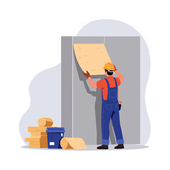 Worker installing wall insulation panel indoors