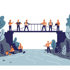 Bridge builders survey the river