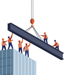 Construction crew raising steel beam