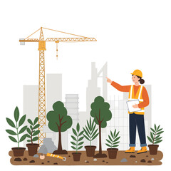 Construction manager inspects urban reforestation project