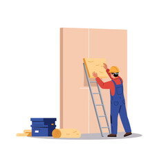 Worker installing wall insulation on ladder