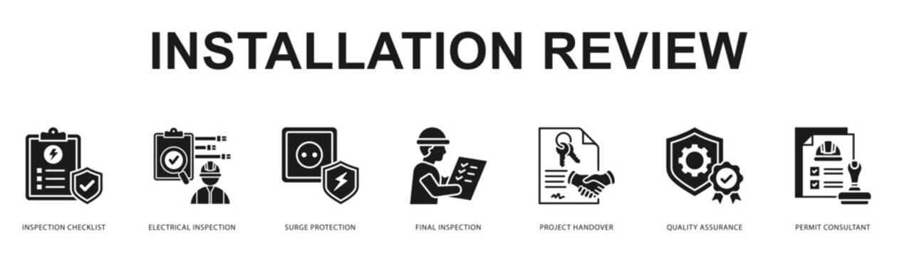Installation Review Modern and clean web banner illustration featuring thematic icons for visual communication