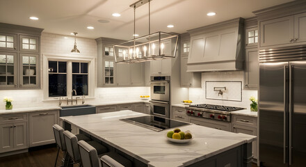 Luxury modern kitchen interior with island, stainless steel appliances, and pendant lighting, creating an elegant and inviting atmosphere for home