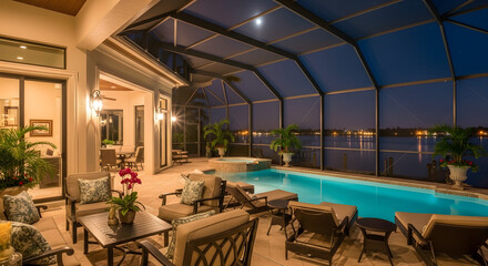 Luxury backyard swimming pool and spa with lounge chairs and patio furniture overlooking a tranquil lake at dusk