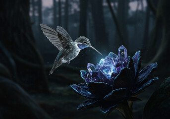 A hummingbird approaches a glowing, crystalline flower in a dark, mysterious forest setting.