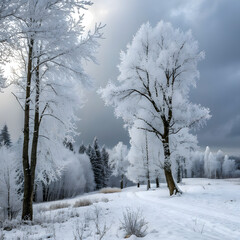 Enchanting winter wonderland landscape with frosted trees, a snowy path, and soft light filtering through the clouds creating a peaceful, serene atmosphere