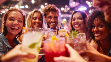 A cheerful group of friends enjoying cold cocktails in a night club. Party with alcoholic drinks. Spending time together on the weekend, young people celebrating and having fun