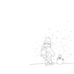 Simple line art of a child making a snowman in winter, minimal monochrome illustration with a warm feeling.