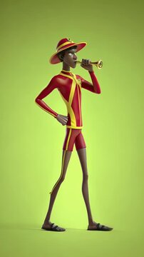 Animated figure blowing horn against green background
