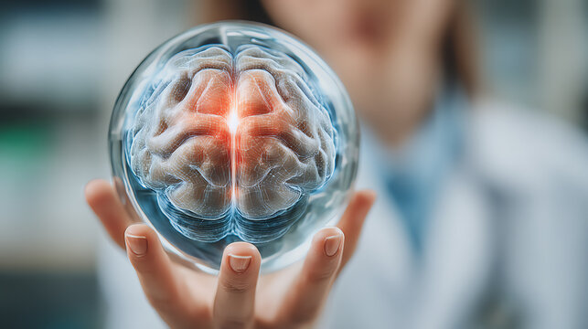 A scientist holds a brain-shaped glass globe, symbolizing research and innovation in neuroscience and mental health.