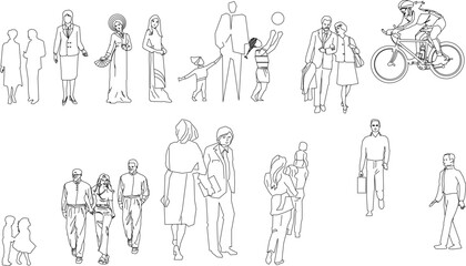 Diverse set of outline human figures, including business people, couples, traditional Asian attire, families, and a cyclist, for architectural rendering.