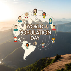 Celebrate World Population Day with diverse cultures connecting across continents, fostering unity and global awareness with vibrant illustrations and topographic landscape