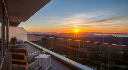 Luxury balcony with stunning sunset view over rolling hills and vineyard at dusk