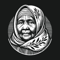 Obraz premium Elderly Woman Portrait in Black and White Artistic Illustration.