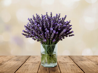 Fresh lavender bouquet in a glass jar on wooden table, warm indoor light with soft bokeh background and copy space, floral shot for product layouts.