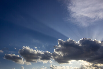 Sunset sky with clouds and sun rays. Beautiful natural background.