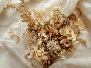 A bundle of dried wildflowers and seeds scattered on light fabric, warm indoor light and selective focus, rustic still life for decor projects.