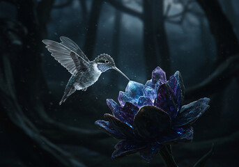 A hummingbird delicately approaches a glowing, fantastical flower in a dark, ethereal forest setting.