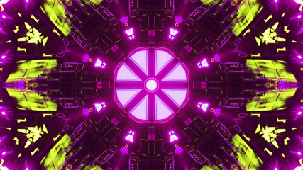 Dynamic neon purple tunnel with geometric lights flashing in a kaleidoscope effect, perfect for a modern club or futuristic technology background