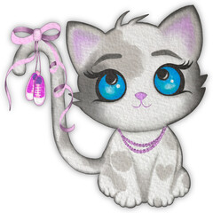 Watercolor Kitten with pink baby shoes
