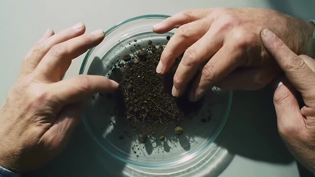Research hands studying dark soil sample in laboratory petri dish