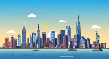 New York City skyline at sunrise with iconic buildings and the Statue of Liberty on the water