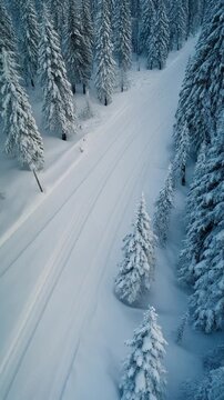 Cross country ski tracks through frozen forest, parallel lines in fresh snow, peaceful winter sports