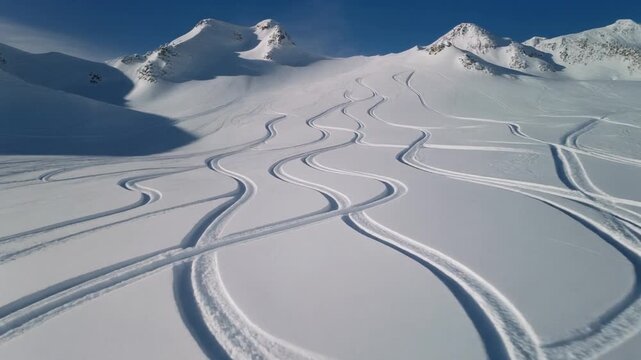 bstract snowboard tracks weaving down mountain slope, elegant S shaped patterns in fresh snow, freeriding visualization