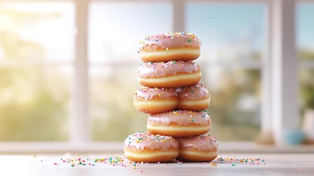 Stack of delicious glazed donuts with colorful sprinkles in natural light