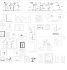 Hand-drawn ink sketches of Asian bamboo, nature, and floral elements displayed in a decorative gallery wall with multiple picture frames.
