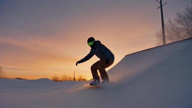 Snowboarder performing halfpipe trick at golden hour, silhouette against colorful sunset sky, snow particles catching last light