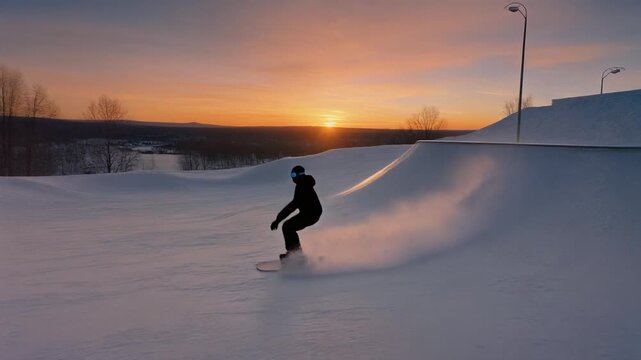 Snowboarder performing halfpipe trick at golden hour, silhouette against colorful sunset sky, snow particles catching last light