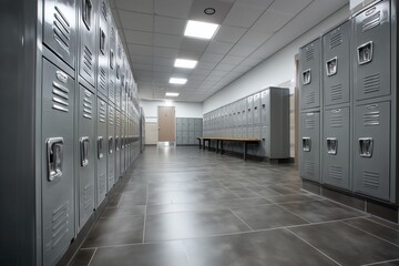 Naklejka premium Long locker room featuring rows of gray metal lockers