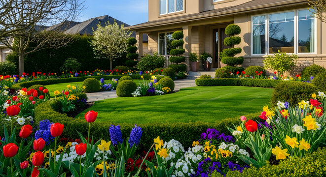 Beautifully manicured suburban home garden in full bloom with vibrant tulips and lush green lawn