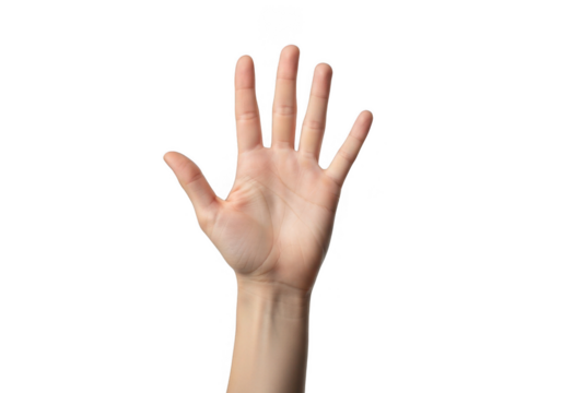 Human hand showing five fingers isolated on transparent background