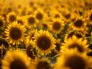 Sunflower field at golden hour with one bloom in sharp focus and blurred background, natural light and shallow depth for seasonal visuals.