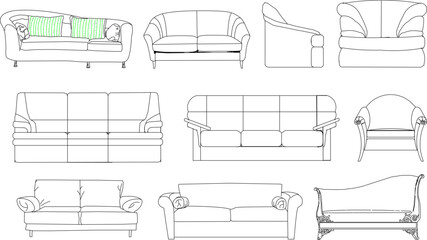 Detailed line art vector set of various sofa and couch designs in elevation view, including modern and classic styles for interior concepts.