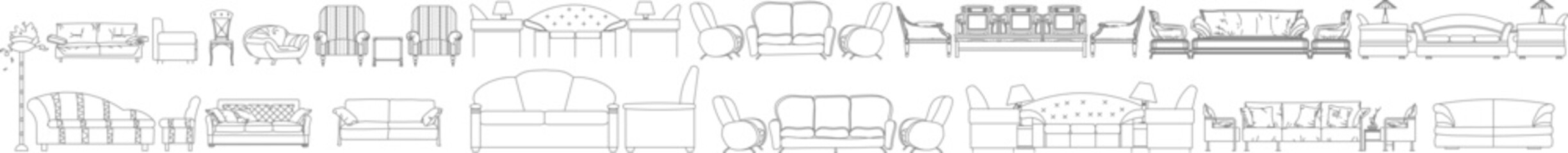 Line art vector set of various upholstered seating furniture: sofas, couches, and armchairs in elevation view for interior design.