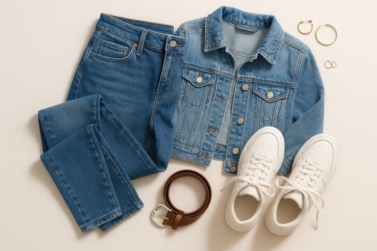 Casual denim fashion with sneakers and accessories in lifestyle composition