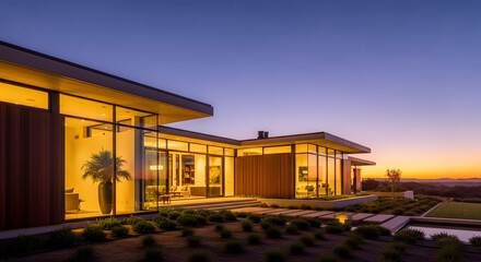 Modern Architectural Home with Large Glass Windows and Landscaped Garden at Dusk with Warm Interior Lighting