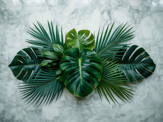 Tropical green leaves arranged on marble surface with blurred foliage background, soft natural light, clean botanical layout for product branding.