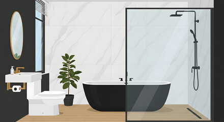 Modern black bathtub and toilet with marble walls in a luxurious bathroom interior design