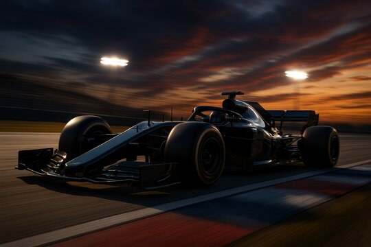 Sleek racing car tearing down track with motion blur under dramatic dusk sky