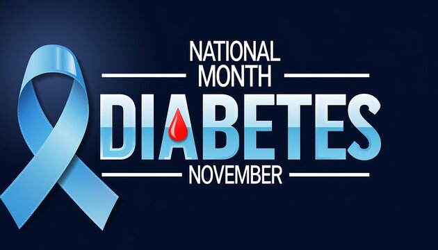 National diabetes month november awareness campaign graphic featuring a blue ribbon and blood drop symbolizing support and education - Powered by Adobe