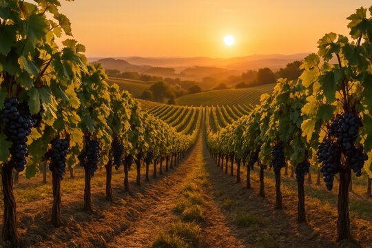 Sunlit vineyard rows with ripe grapes rolling hills and warm golden sunset haze