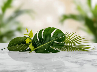 Tropical green leaves arranged on marble surface with blurred foliage background, soft natural light, clean botanical layout for product branding.