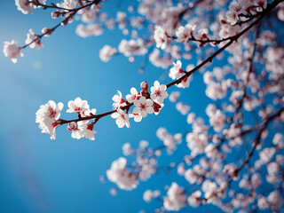 Cherry blossom branch covered in pale pink flowers against clear blue sky, backlit natural light, shallow depth scene for seasonal greeting designs.