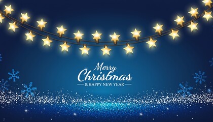 Sparkling golden star shaped christmas lights strung across a deep blue background with shimmering snow and snowflakes