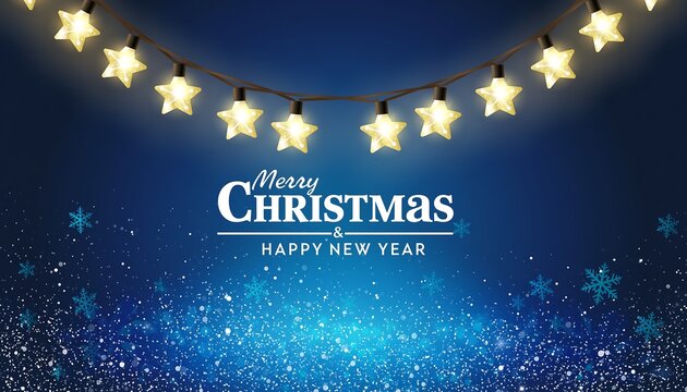 Festive merry christmas and happy new year greeting card with glowing star shaped string lights and sparkling blue glitter background - Powered by Adobe