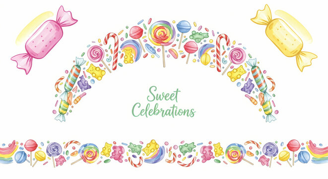 Sweet Celebrations Candy Arch and Border Watercolor Illustration.